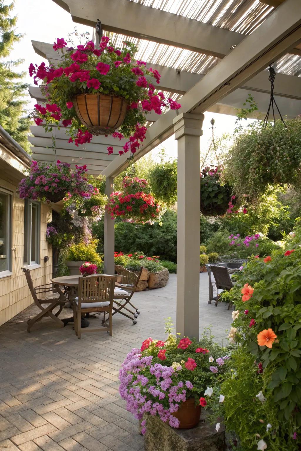 Hanging flowerpots contribute a lush and colorful dimension to a small pergola.