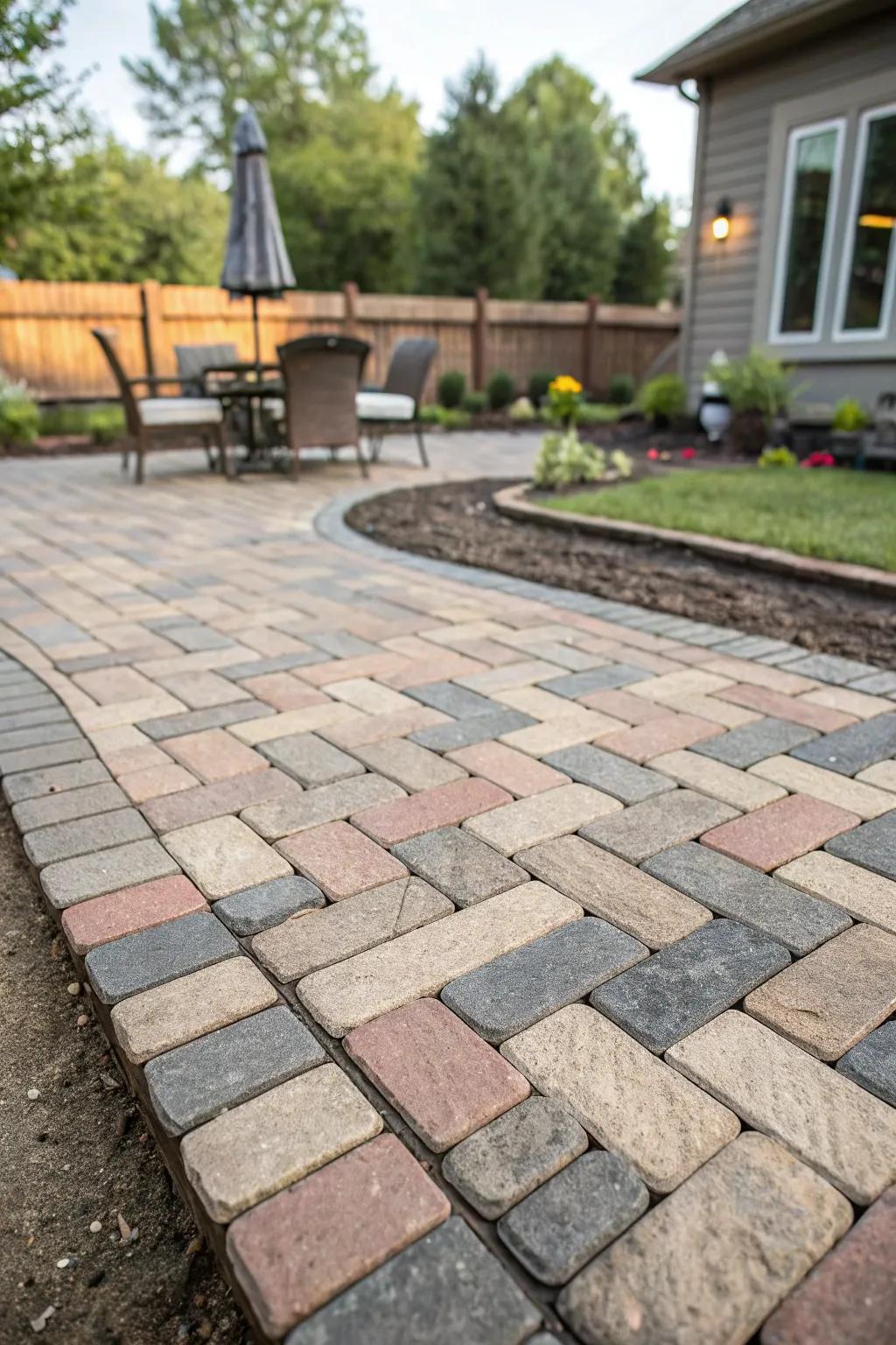 A striking patio featuring an unusual paver pattern.