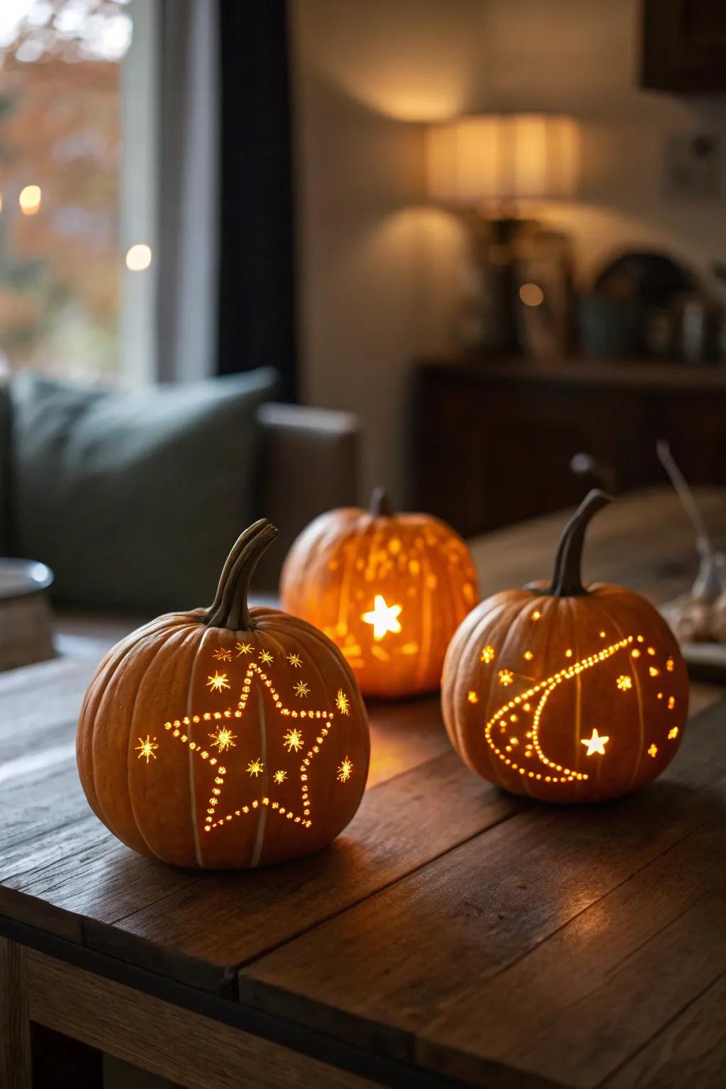 Constellation-carved pumpkins evoke a mystical, starry ambiance.