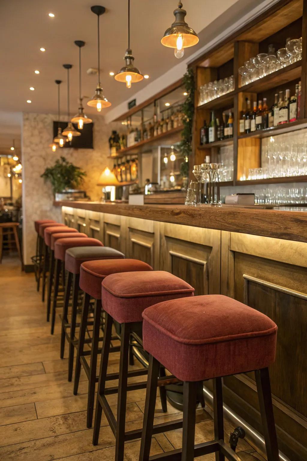 Attractive seating encourages visitors to stay longer in a compact restaurant bar.