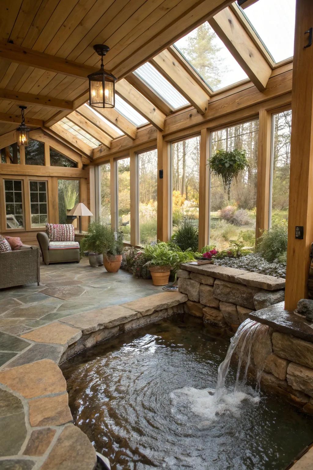 A water feature adds a peaceful ambiance to this country-style sunroom.