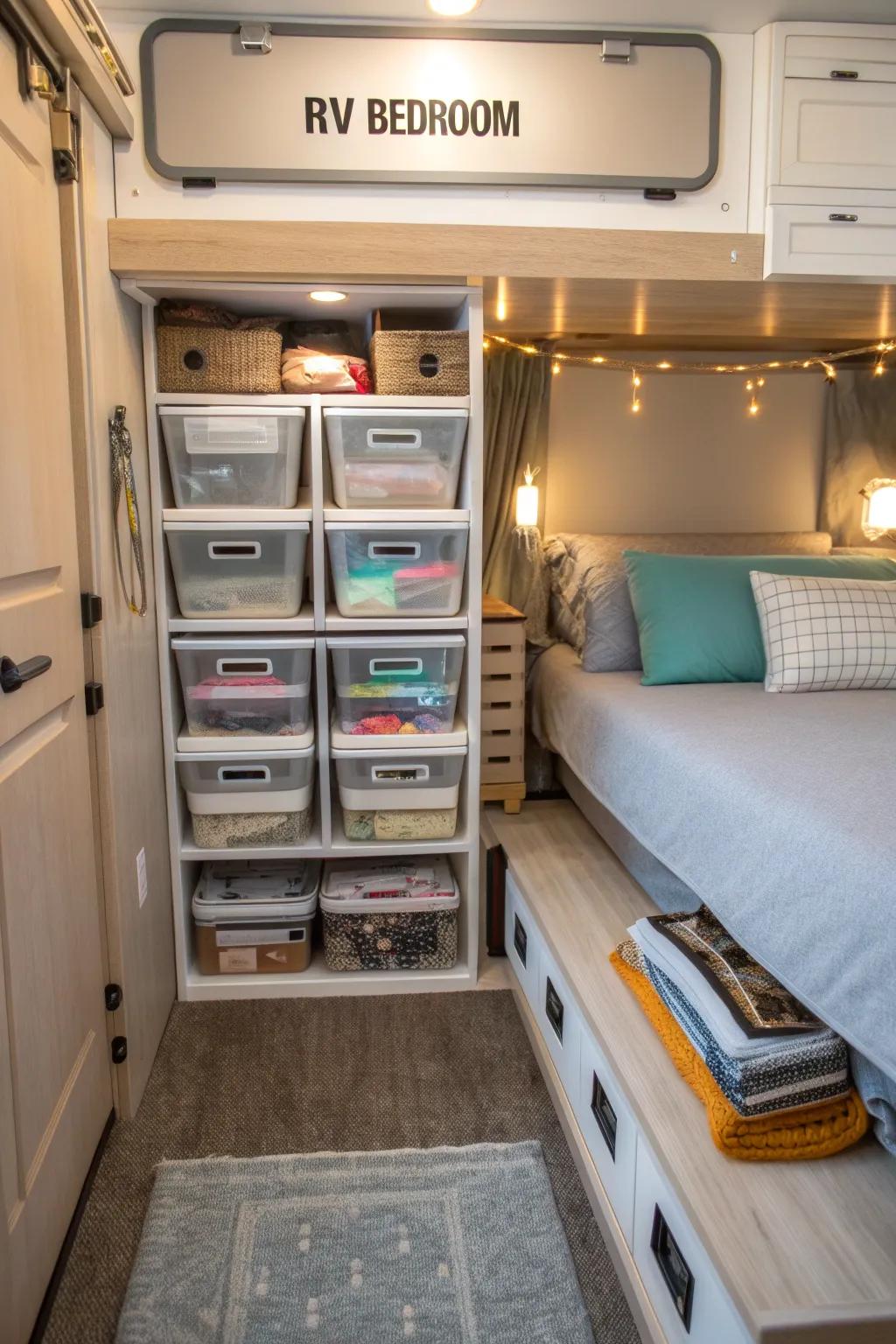 Under-bed storage solutions help keep your RV bedroom organized and neat.