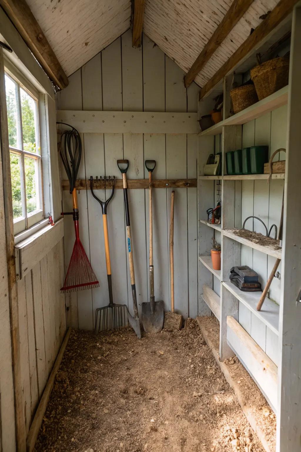 Efficient gardening tool storage inside a small shed.