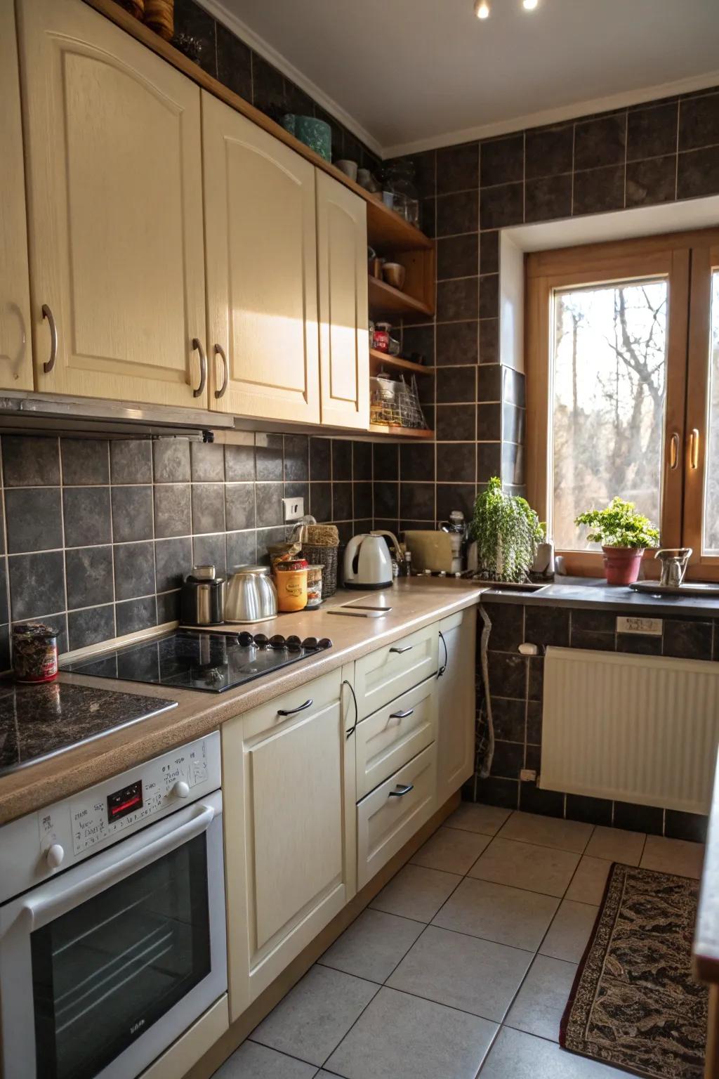 Dark features add depth to a small kitchen design.