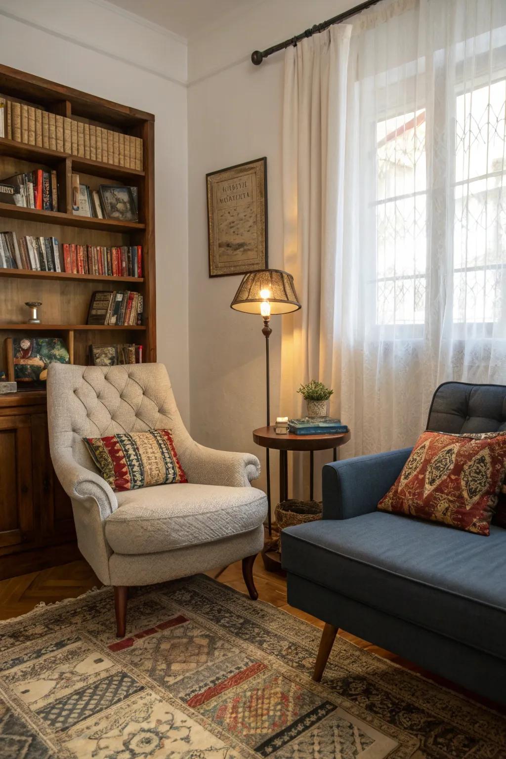 The combination of vintage and modern pieces creates a uniquely stylish contrast.