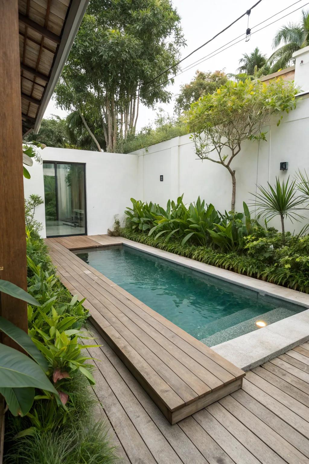 Simple decking emphasizes a modern pool design.
