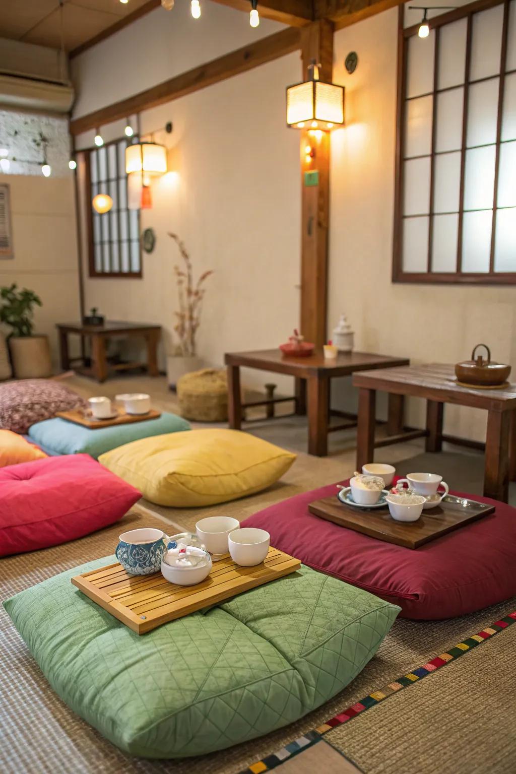 Ground cushions offer comfort and easy seating.