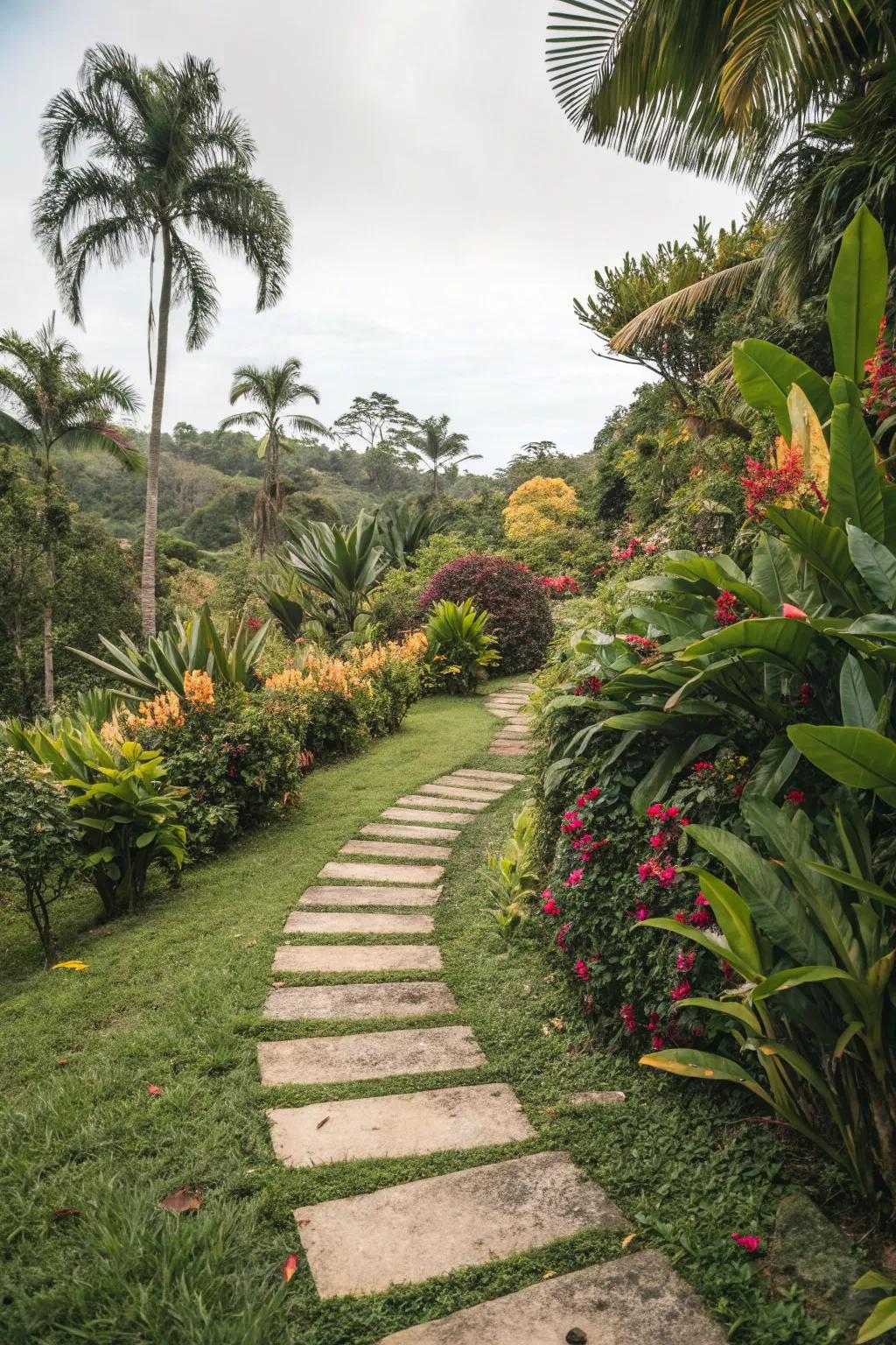 Pavers create a whimsical route through the tropical plants.
