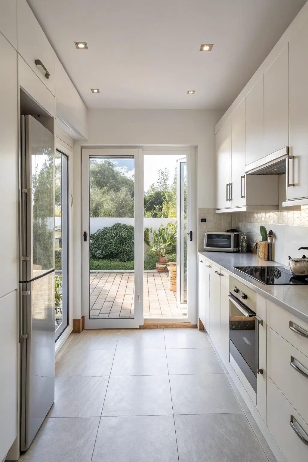 Sliding doors optimize space and flow within a kitchen.
