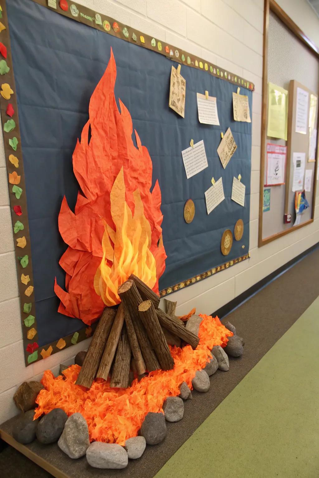 A three-dimensional campfire scene adds dimension and intrigue.