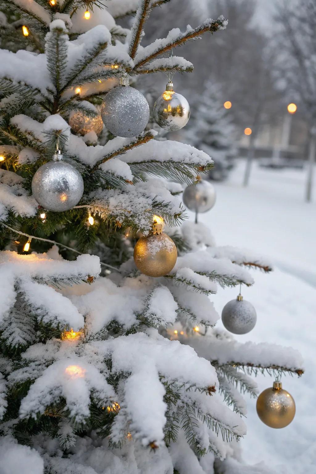 Metallic accents bring shine and beauty to a snowy Christmas tree.