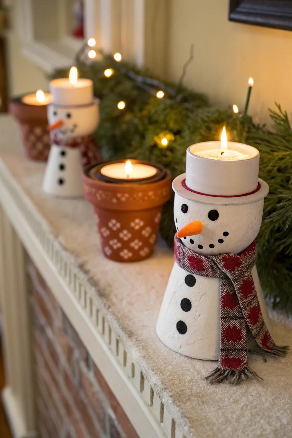 Snowman candle holders cast a warm, inviting glow.