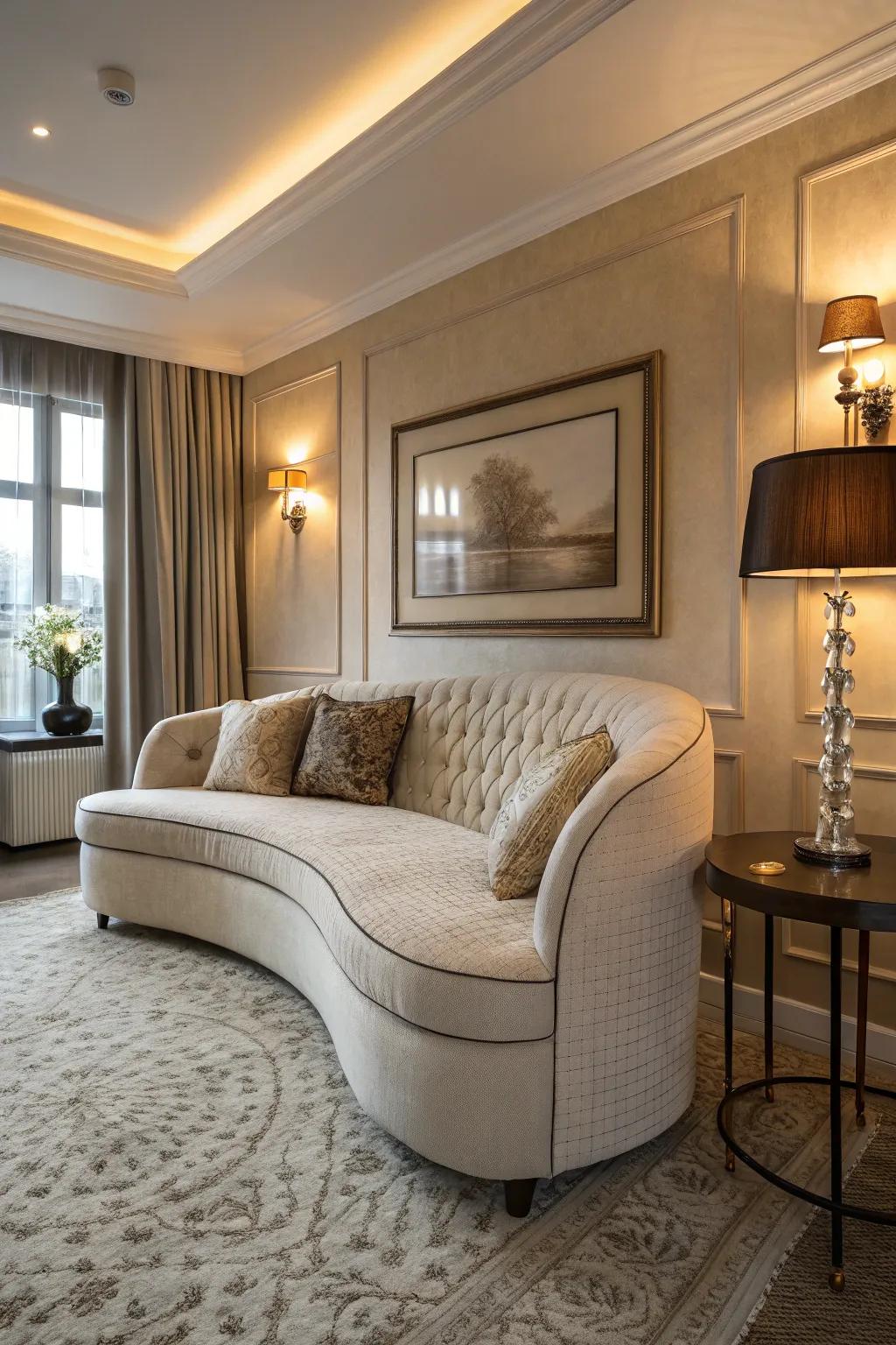 A curved sofa softens the hard lines in a small living room.