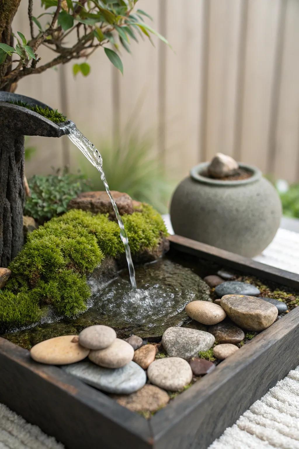 A peaceful miniature Zen garden enhanced by a solar fountain.