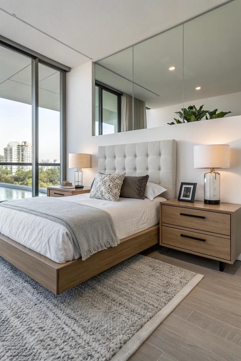 Floating bedside tables offer design and area efficiency.