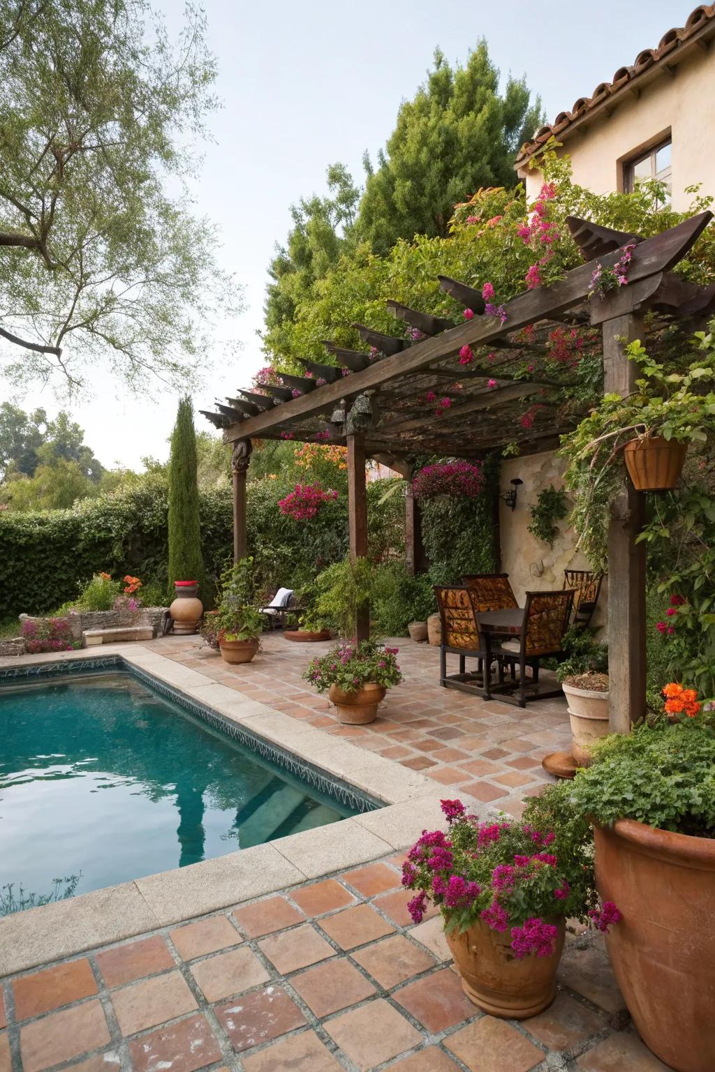 A pergola provides a shaded retreat in this elegant Spanish-style backyard.