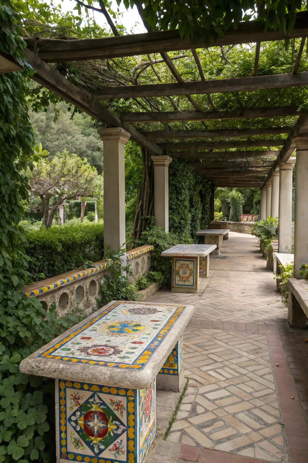 Tile accents infuse the pergola with vibrant energy.