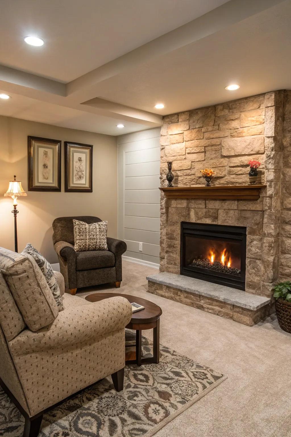 A faux fireplace contributes warmth and charm to your speakeasy.