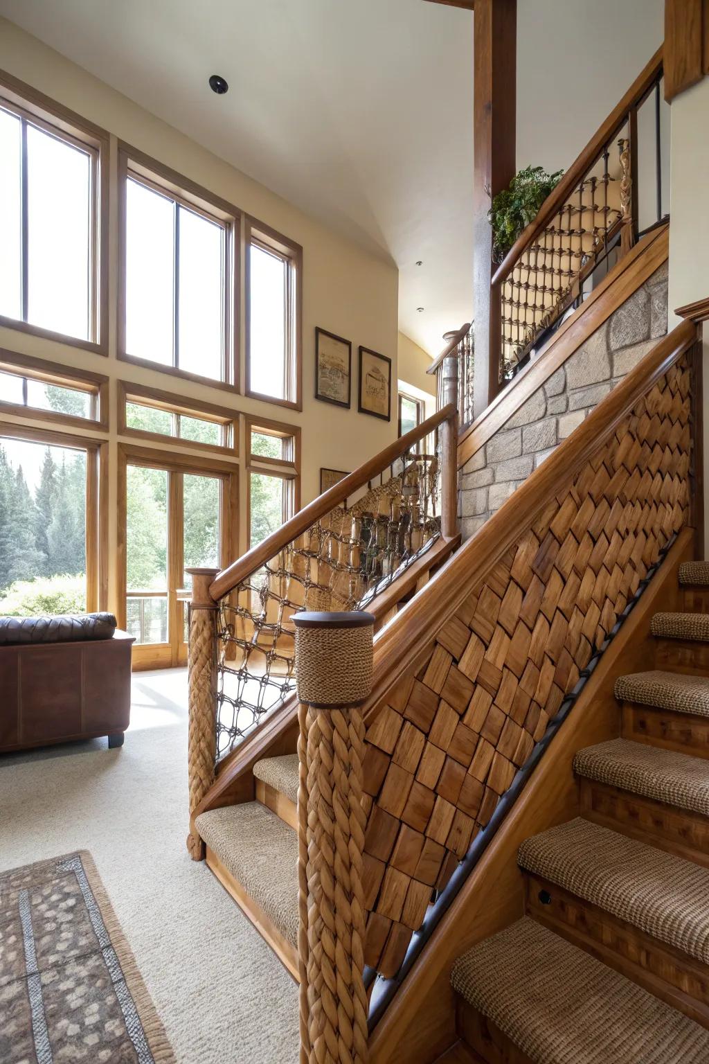 Woven leather railings add warmth and texture to a split-level home.