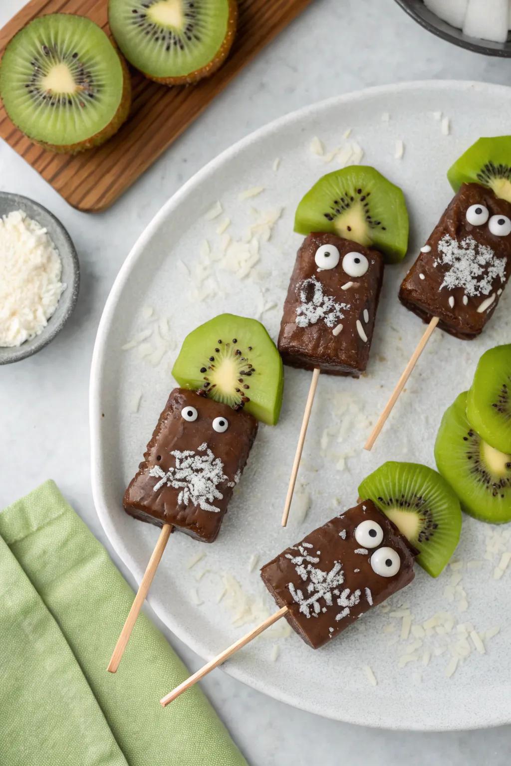 Frankenstein kiwi pops providing a quirky, green surprise.