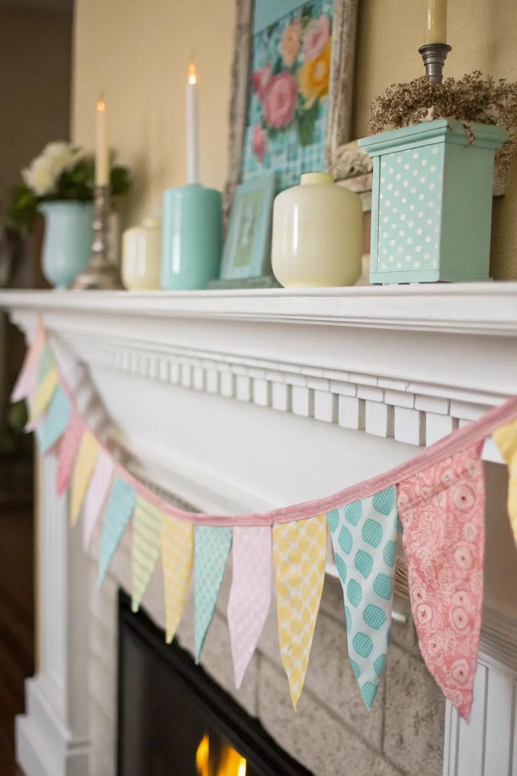 A fabric banner lends a personal touch to the mantel.