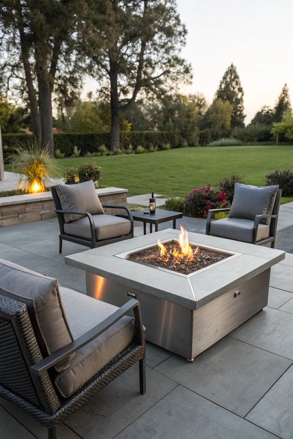Metallic elements provide a sleek and modern fire pit aesthetic.