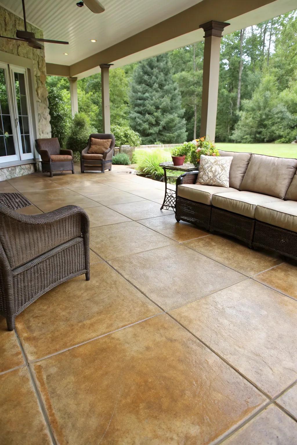 A fluid transition from indoor to outdoor with matching concrete stains.