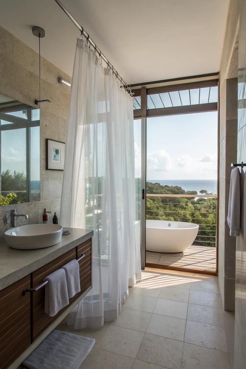 See-through curtains give small bathrooms a more spacious feel.