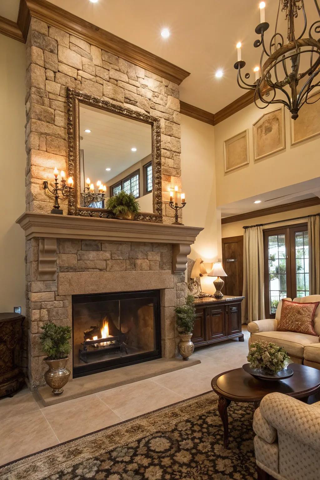 An elegant area showcases a stone fireplace and a substantial looking glass that enhances the room.