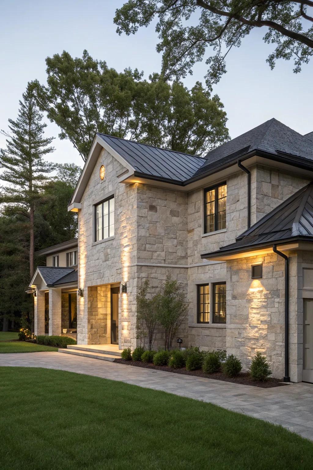 A sophisticated house with a shimmering quartzite stone facade.