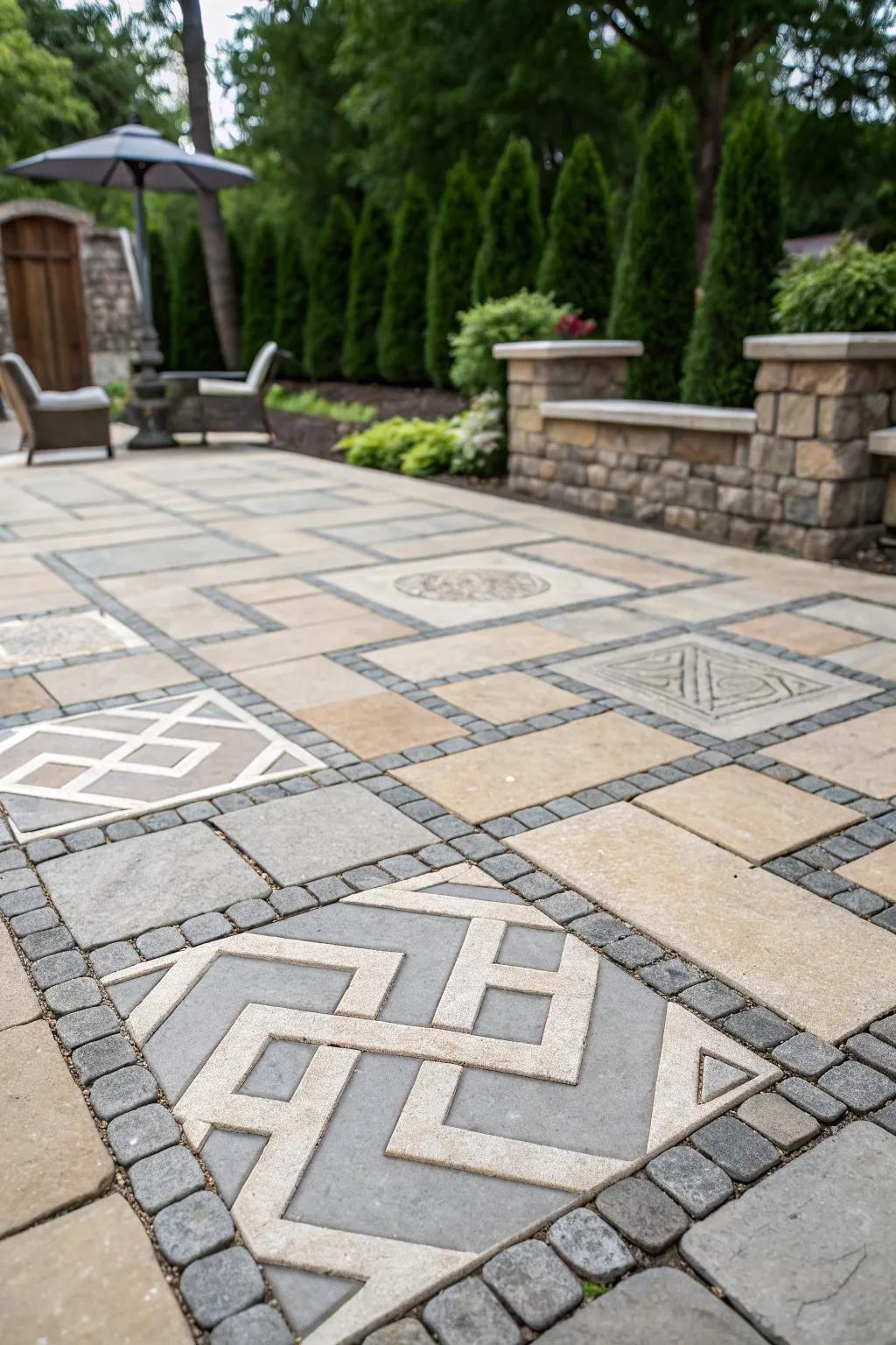 A stone patio with striking angular layouts.
