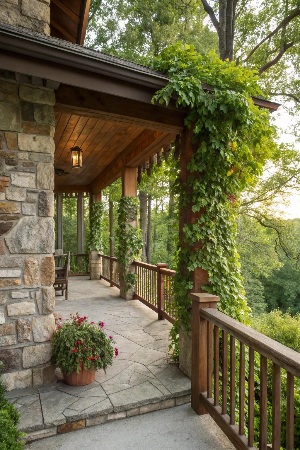 Stone and timber integration creates a harmonious blend.