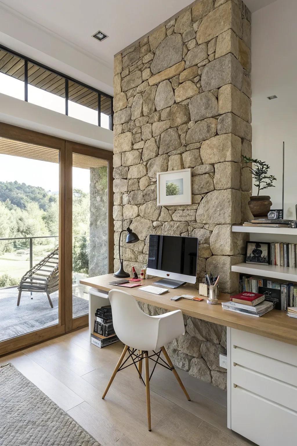 A rock feature wall inspires creativity in the home office.