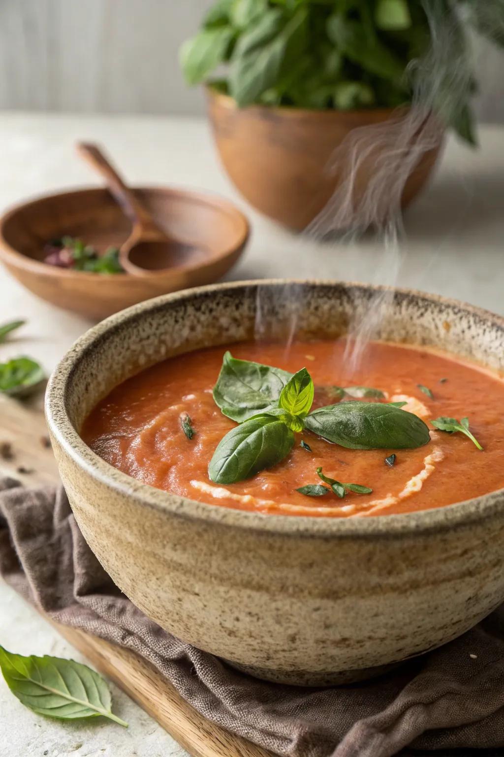 Creamy tomato basil soup, soothing and fragrant.