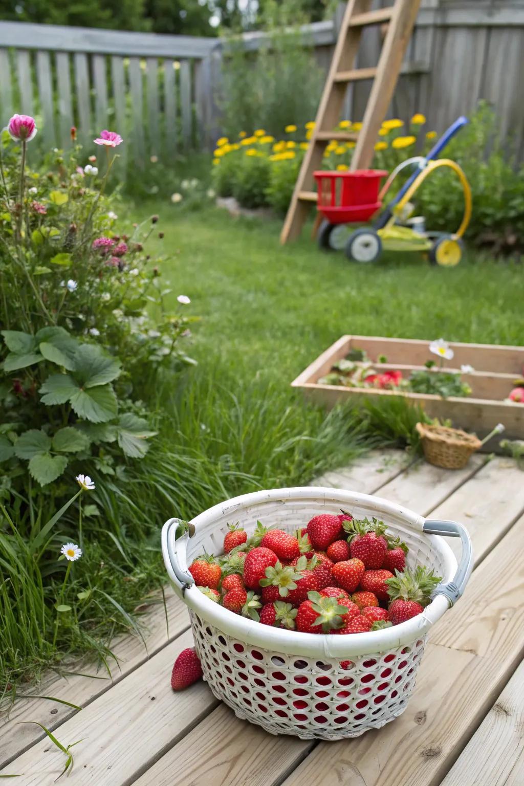 Strawberries growing actively in a distinctive laundry basket planter.
