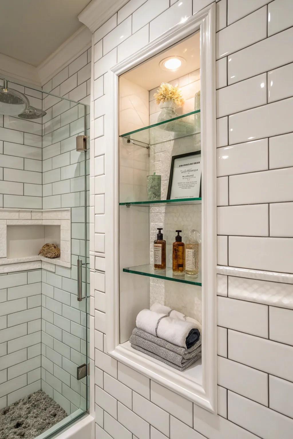 A functional niche equipped with tiered shelving.