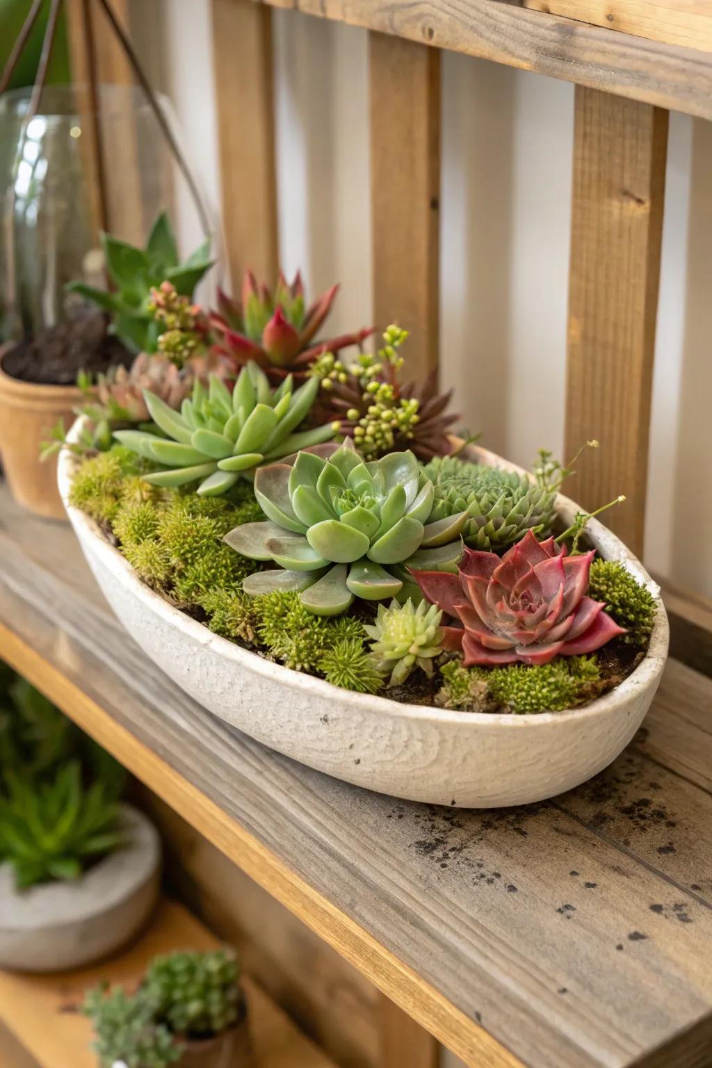 A forest-themed succulent landscape with abundant moss accents.