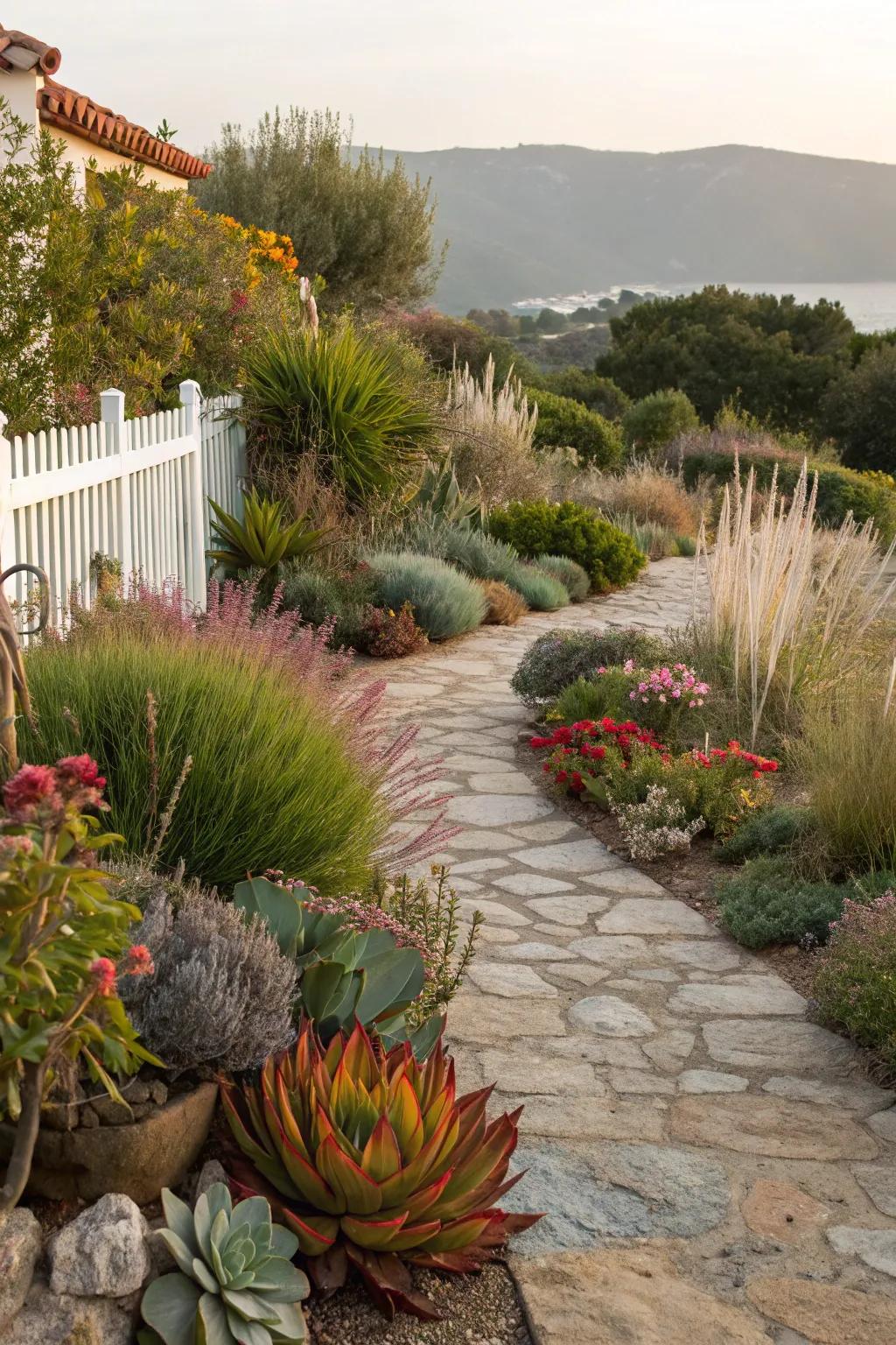 A Mediterranean garden featuring succulents, herbs, and decorative grasses.