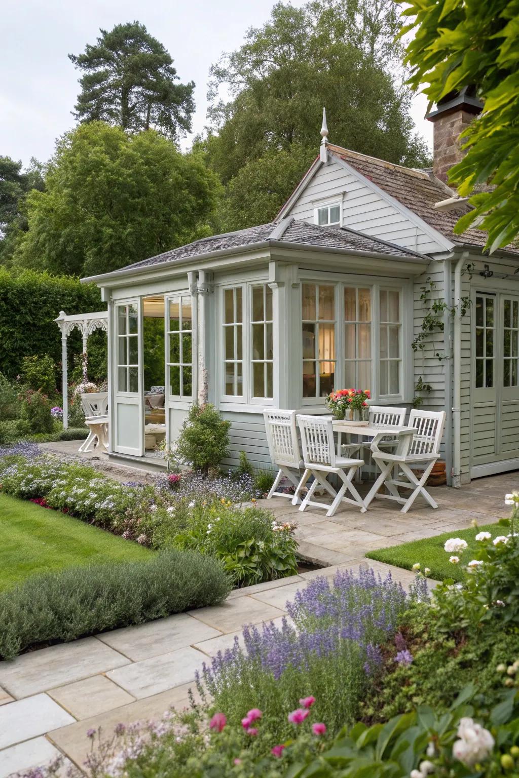 A stylish summer house in soft grey, great for any garden style.