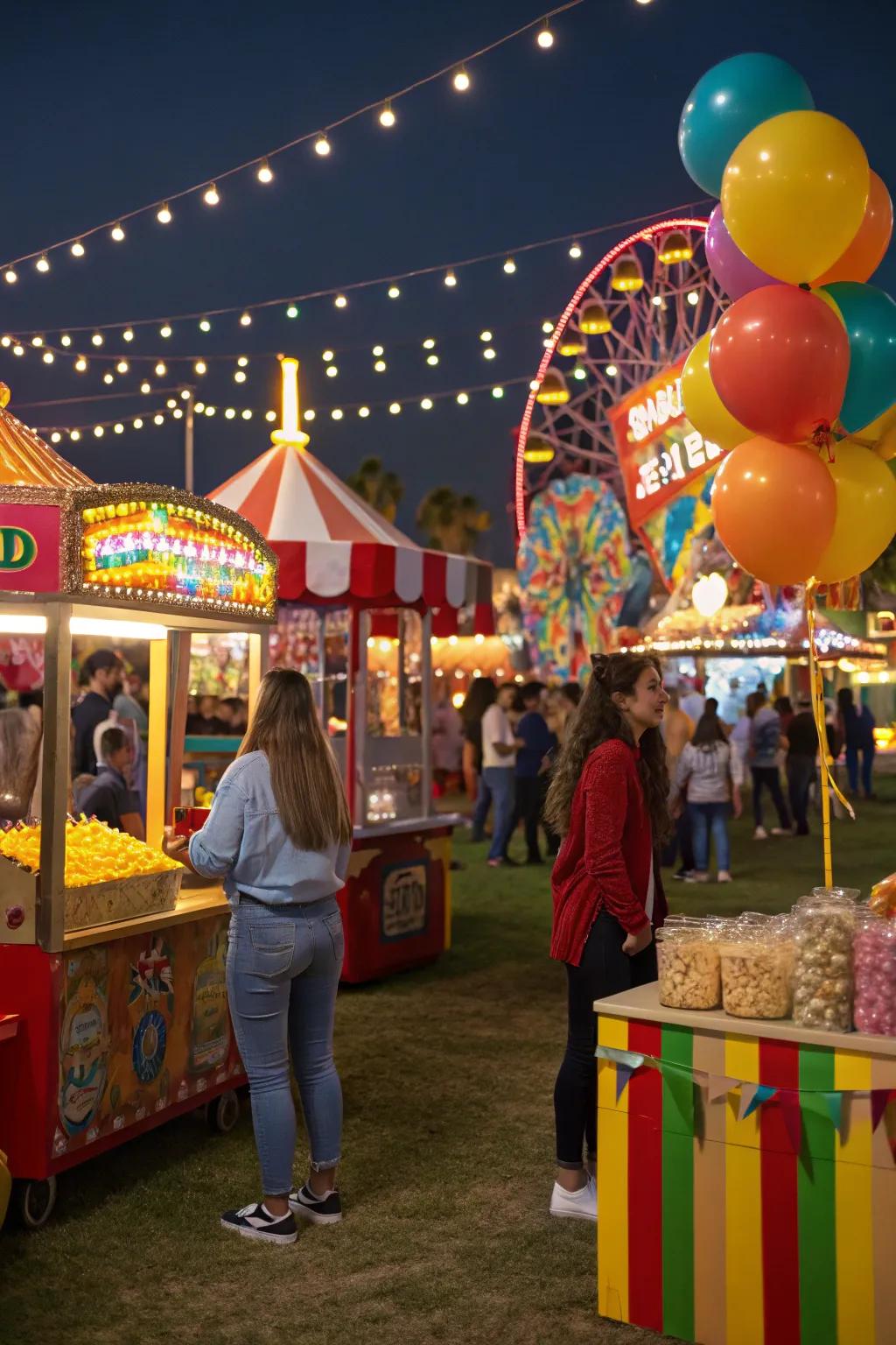A lively carnival-themed celebration featuring games and nostalgic fun.