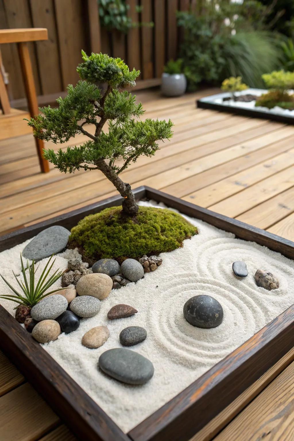Mini tranquil garden featuring bonsai