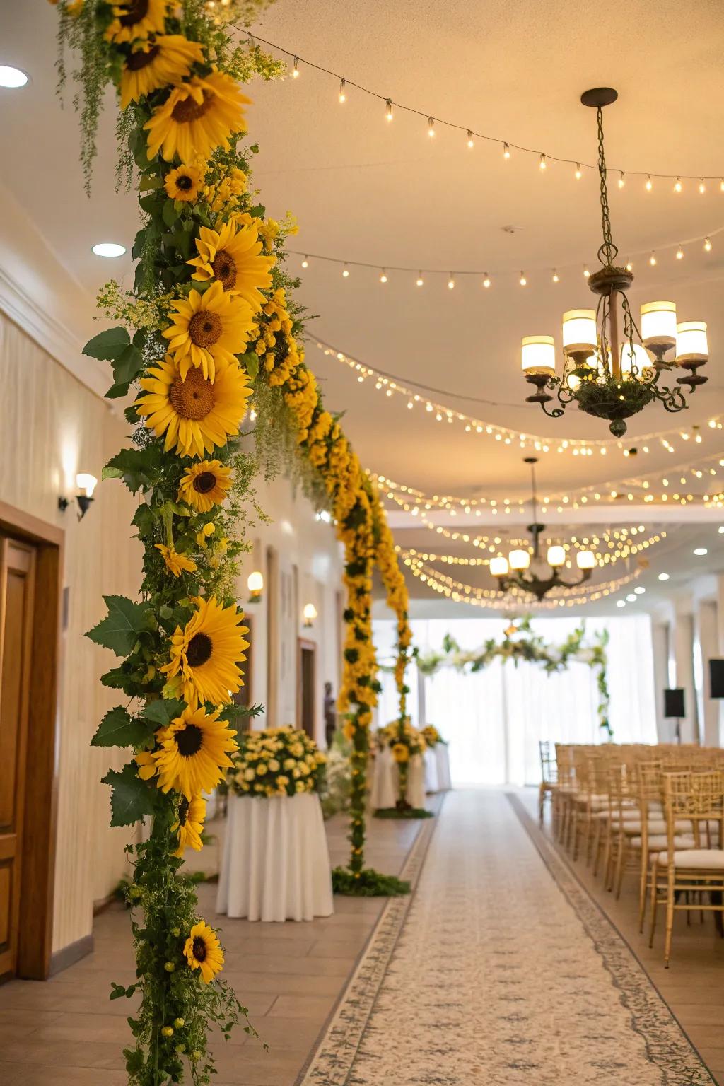 Daisy garlands beautifully enhancing the wedding d&eacute;cor.