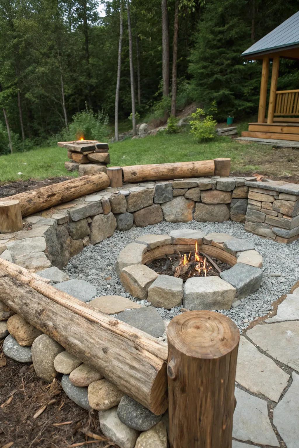 Stone and timber combine for a textured recessed fire pit.