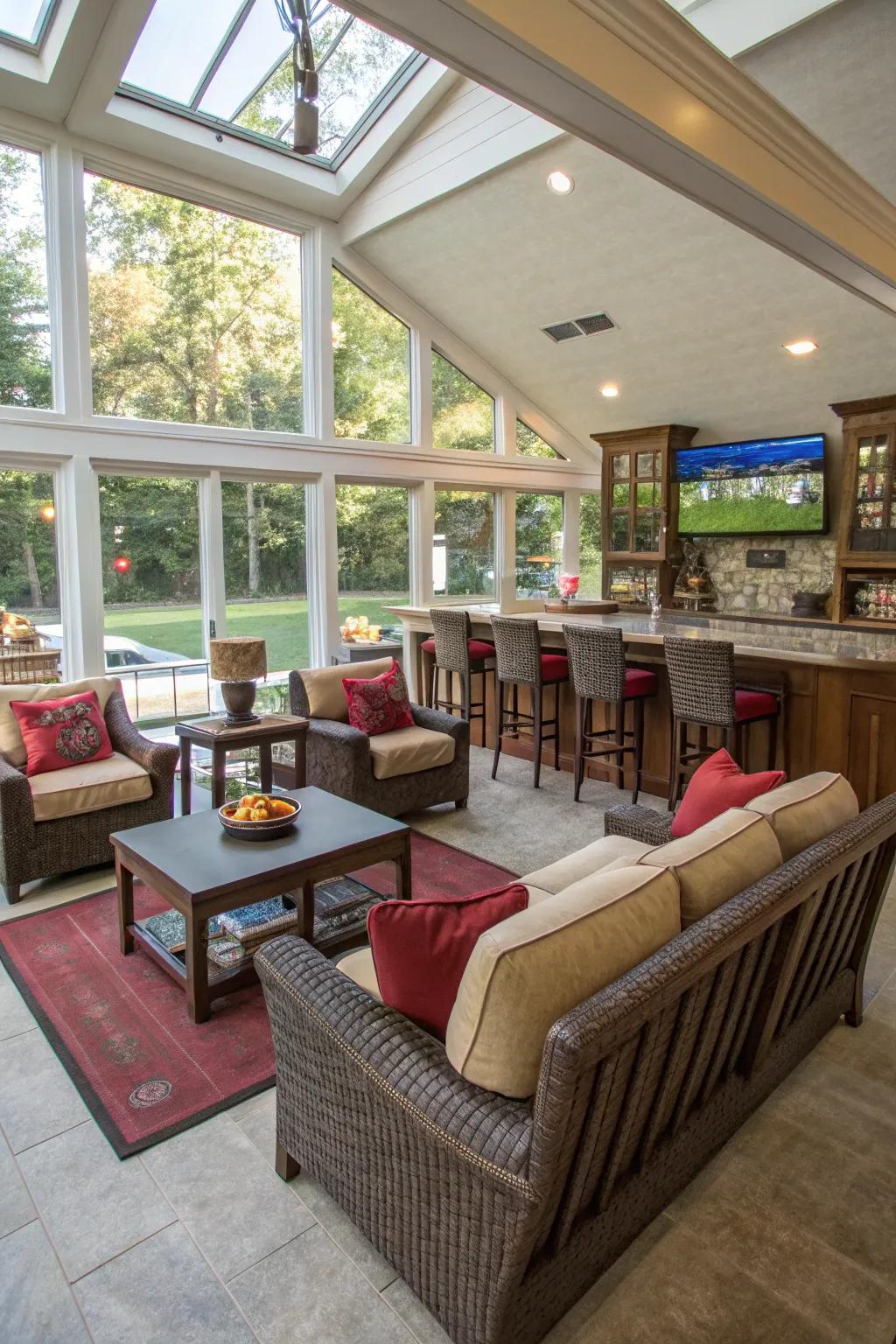 A flexible design enhances the versatility of your sunroom bar.