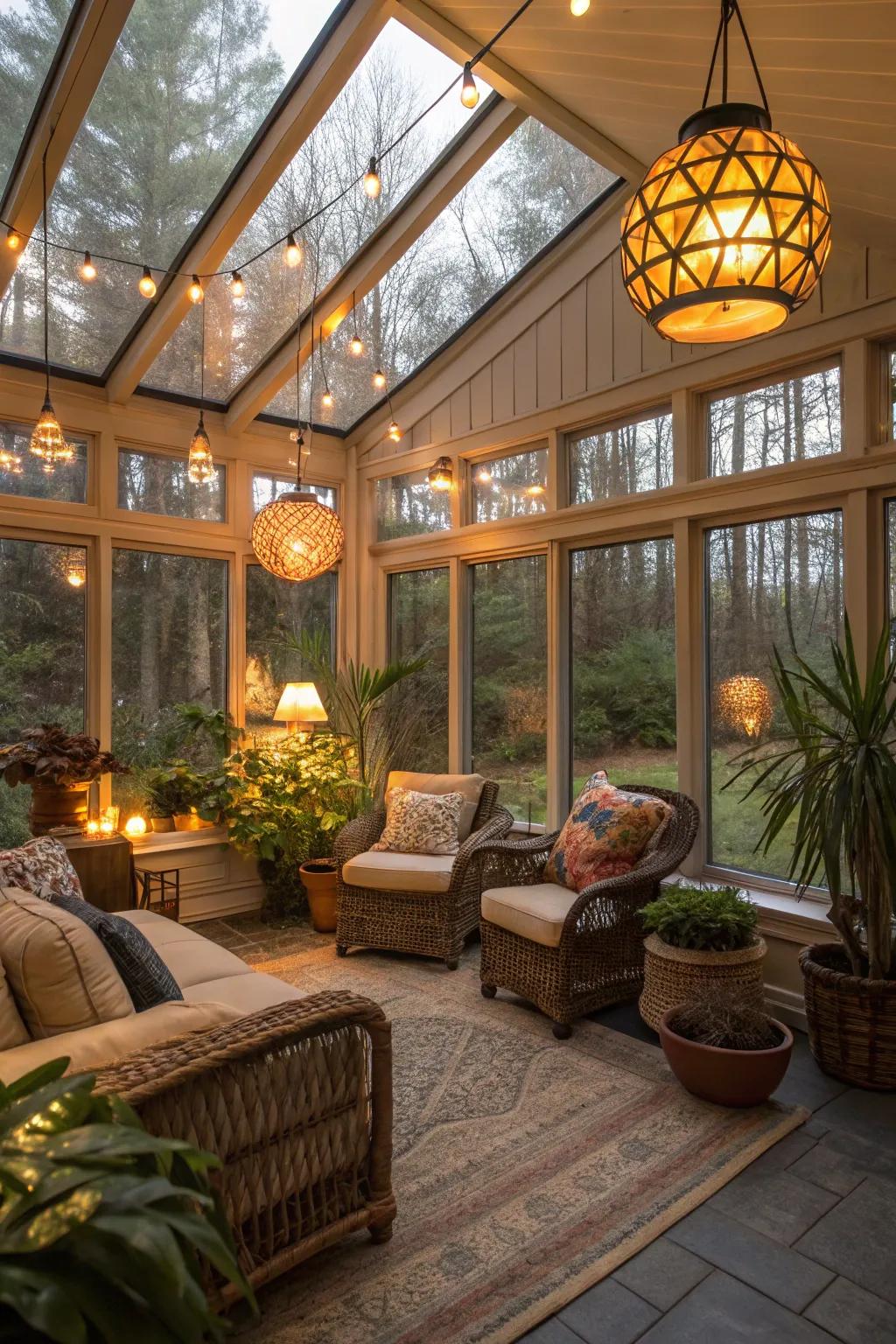 Combined lights keeps the sunroom comfortable after dark.