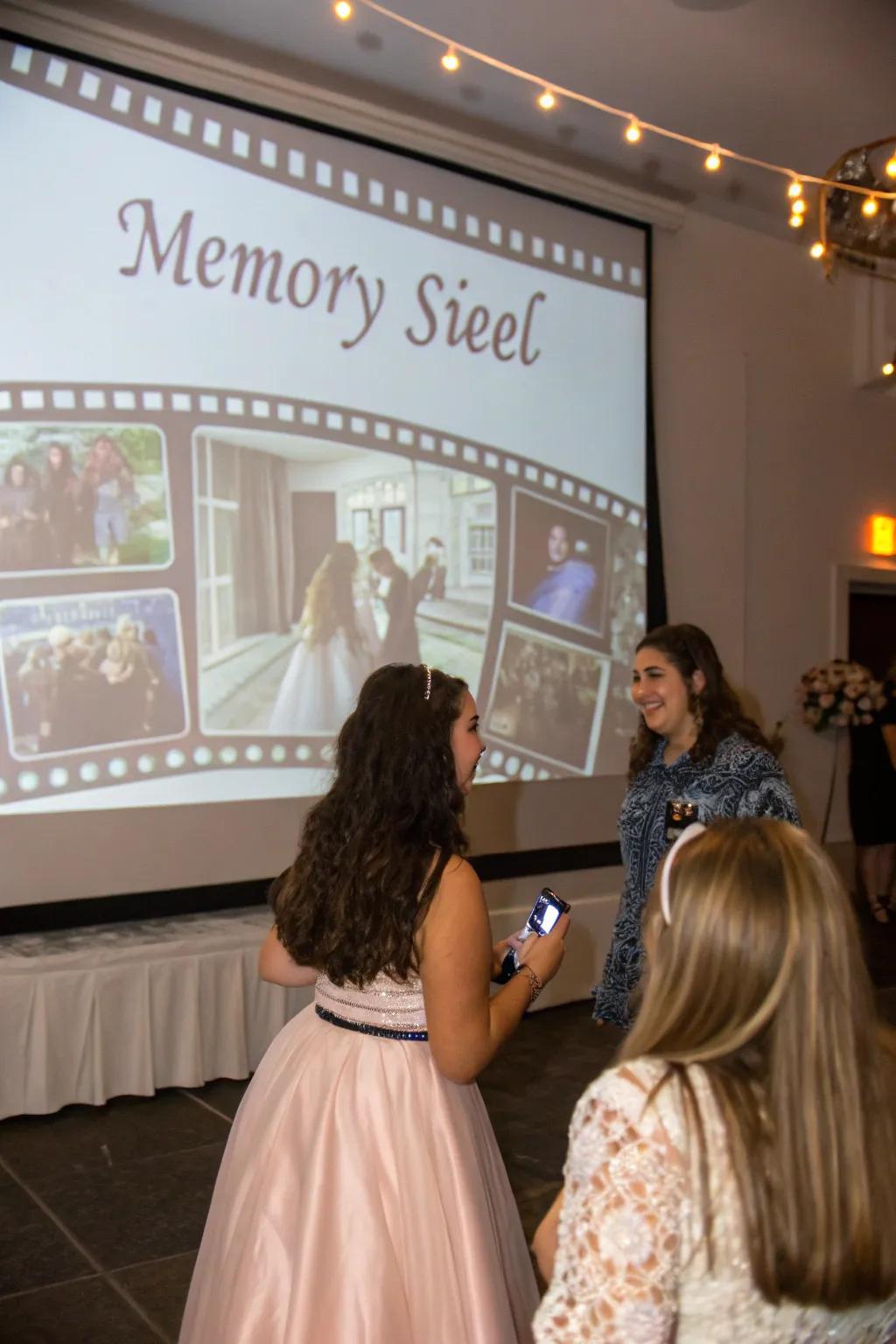 Remembrance motion-picture display at a sweet sixteen gala.