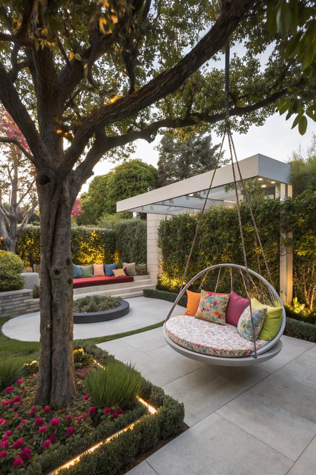 A circular swing seat offers a cozy, modern twist on relaxation.