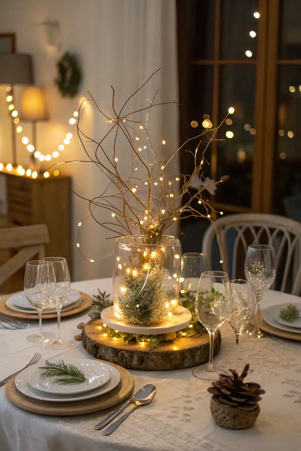 A whimsical centerpiece featuring enchanting fairy lights.