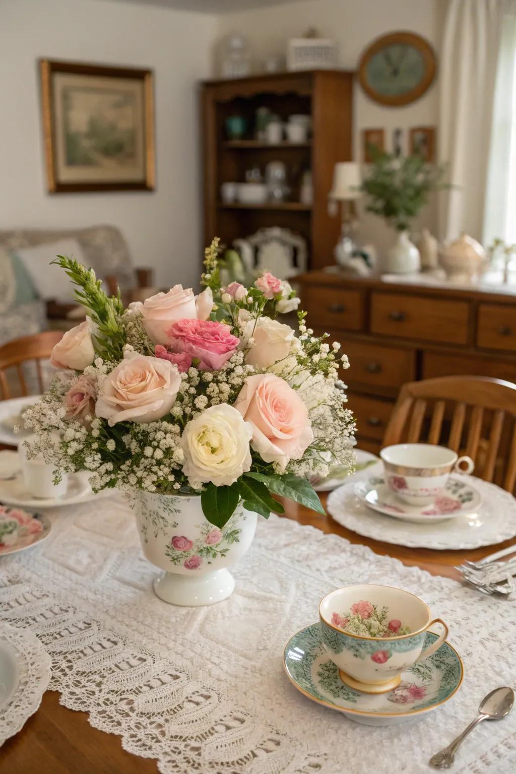 A past times-inspired floral arrangement that adds character and allure.