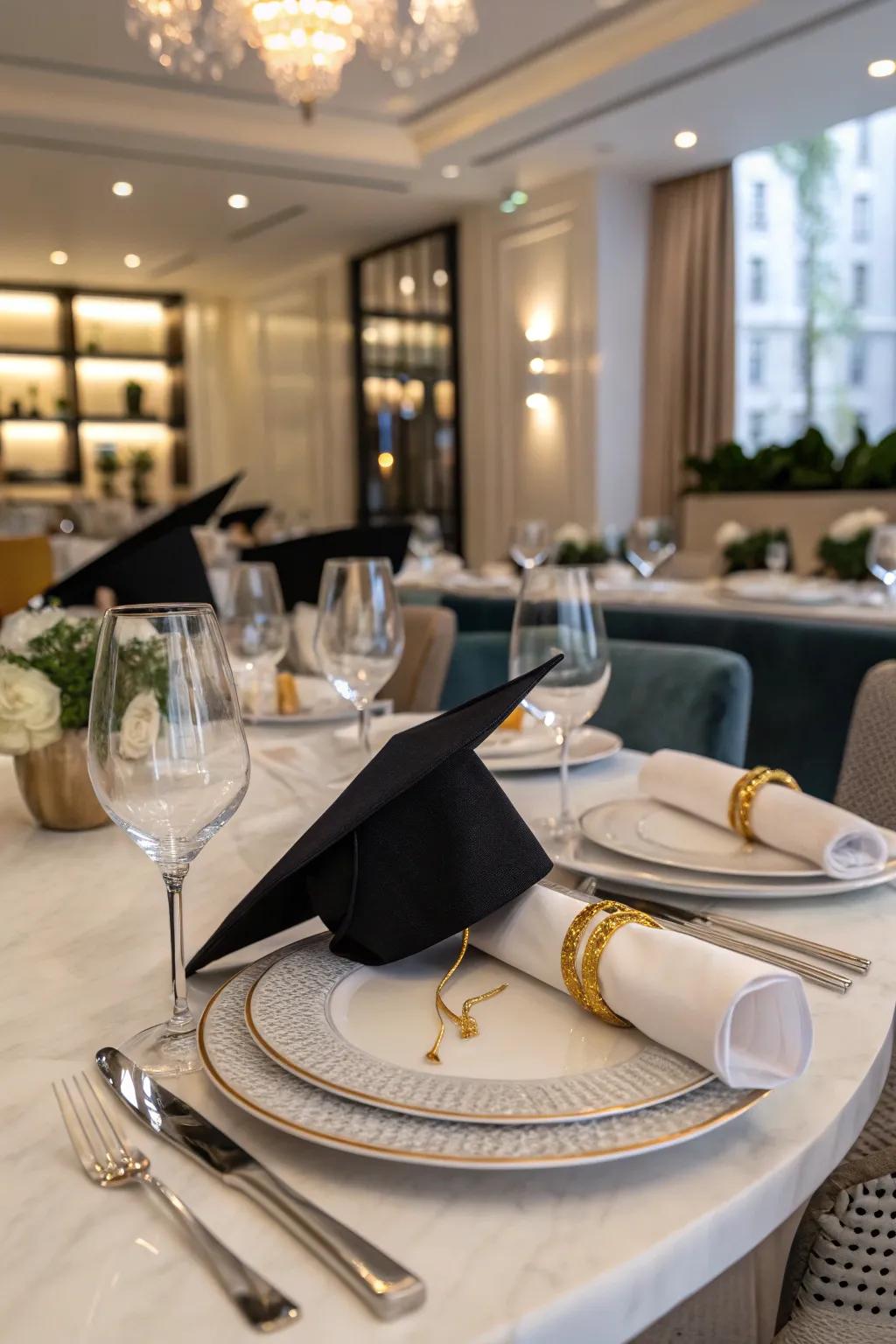 Graduate's lid napkin rings incorporate a playful element to the table decor.